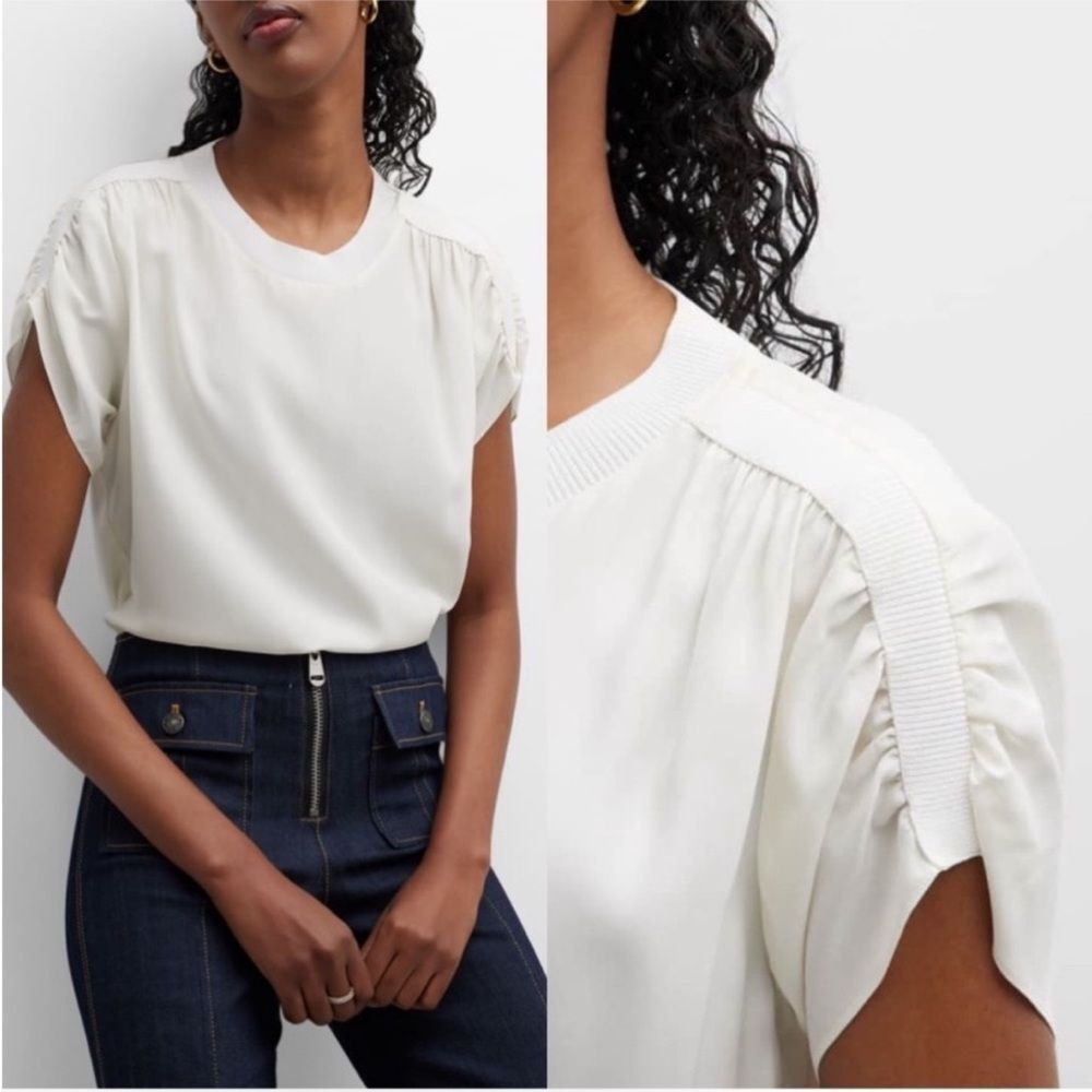 Cinq a Sept Lorainne Short Ruched Sleeve 100% Silk Top Ivory